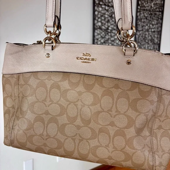 COACH Signature Stripe Gallery Tote F25996 Beige White Canvas Shoulder Bag - Picture 3 of 14